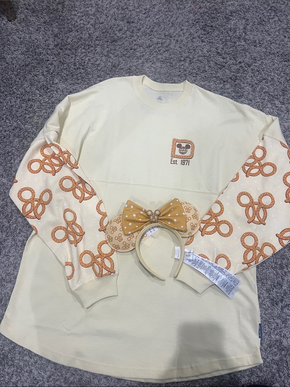 Disney Varsity Cream Long Sleeve Top with Pretzel  Design with matching ears